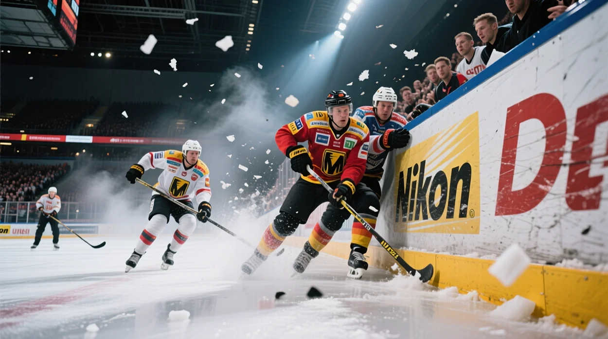 DEL Eishockey-Action mit körperbetontem Spiel