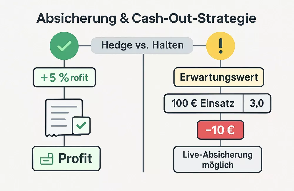 Eishockey Livewetten Absicherungsstrategie mit Entscheidungsbaum zeigend wann Hedging sinnvoll ist und Cash-Out Fallen