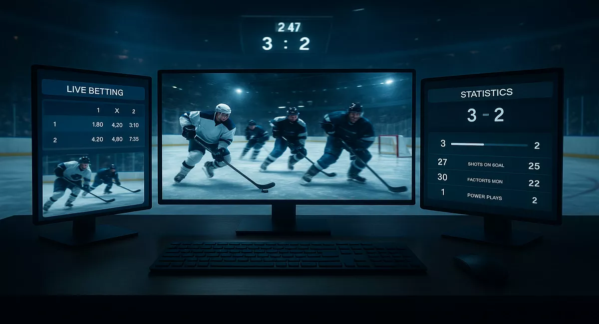 Intensive Eishockey Livewetten Szene mit drei Monitoren zeigend Live-Spiel, Statistiken und Wettquoten in professionellem Setup