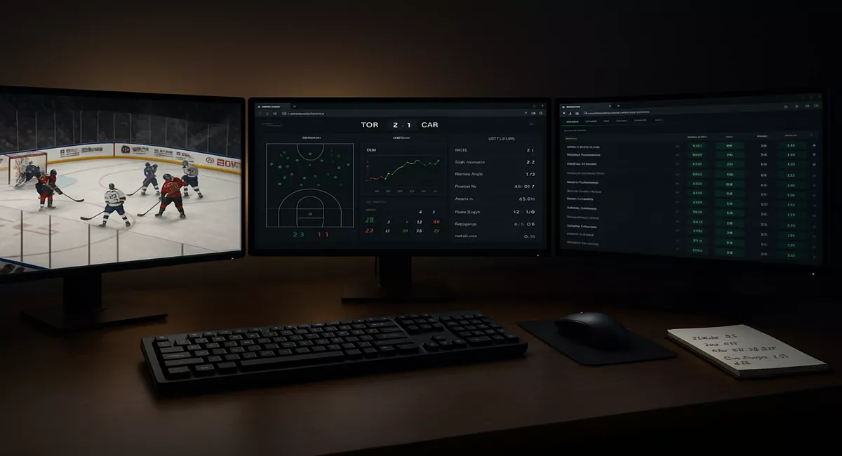 Professioneller Eishockey Livewetten Arbeitsplatz mit drei 27-Zoll Monitoren zeigend Live-Stream, Statistiken und Wettseiten