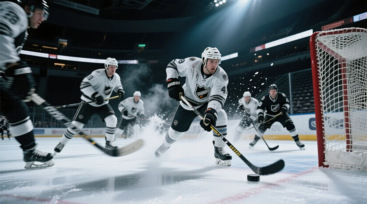 Intensiver NHL Eishockey-Moment mit Spielern im Kampf um den Puck