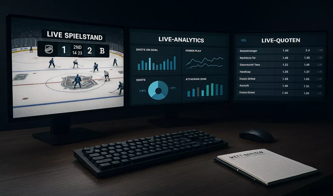 Professionelles NHL Livewetten Setup mit drei Monitoren zeigend Live-Stream, Echtzeit-Statistiken und mehrere Wettanbieter für schnelle Wettentscheidungen