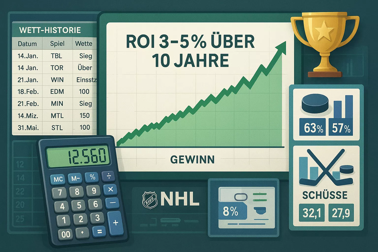 Erfolgsvisualisierung für NHL Wetten mit steigenden Profitgraphen, ROI von 3-5 Prozent über 10 Jahre und Excel Statistikanalyse