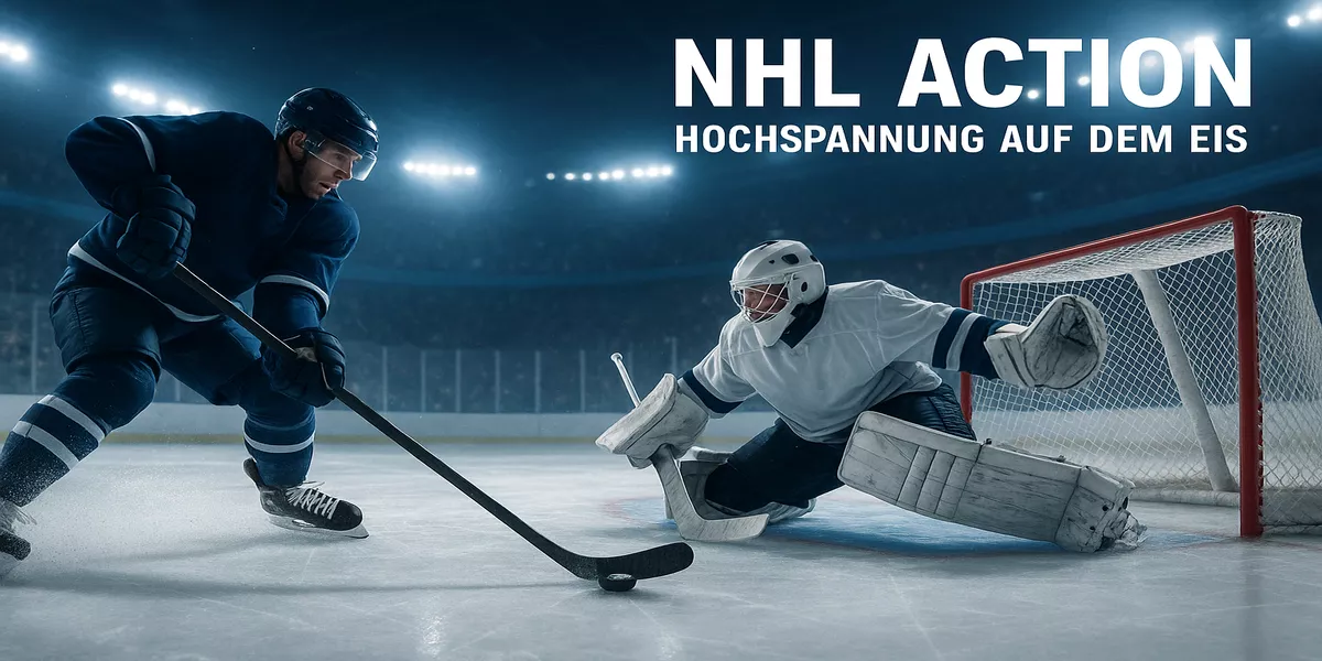 Dynamische NHL Eishockey Spielszene mit professionellem Spieler beim Torschuss und Torhüter in moderner Arena mit dramatischer Beleuchtung